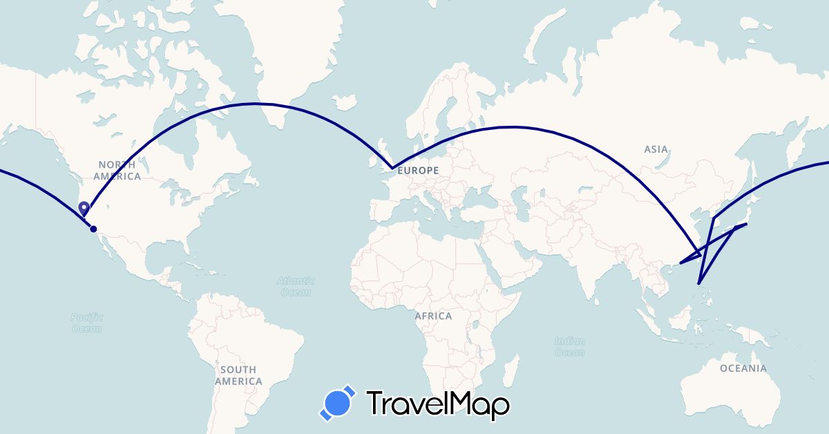TravelMap itinerary: driving in Denmark, United Kingdom, Hong Kong, Japan, South Korea, Philippines, Taiwan, United States (Asia, Europe, North America)